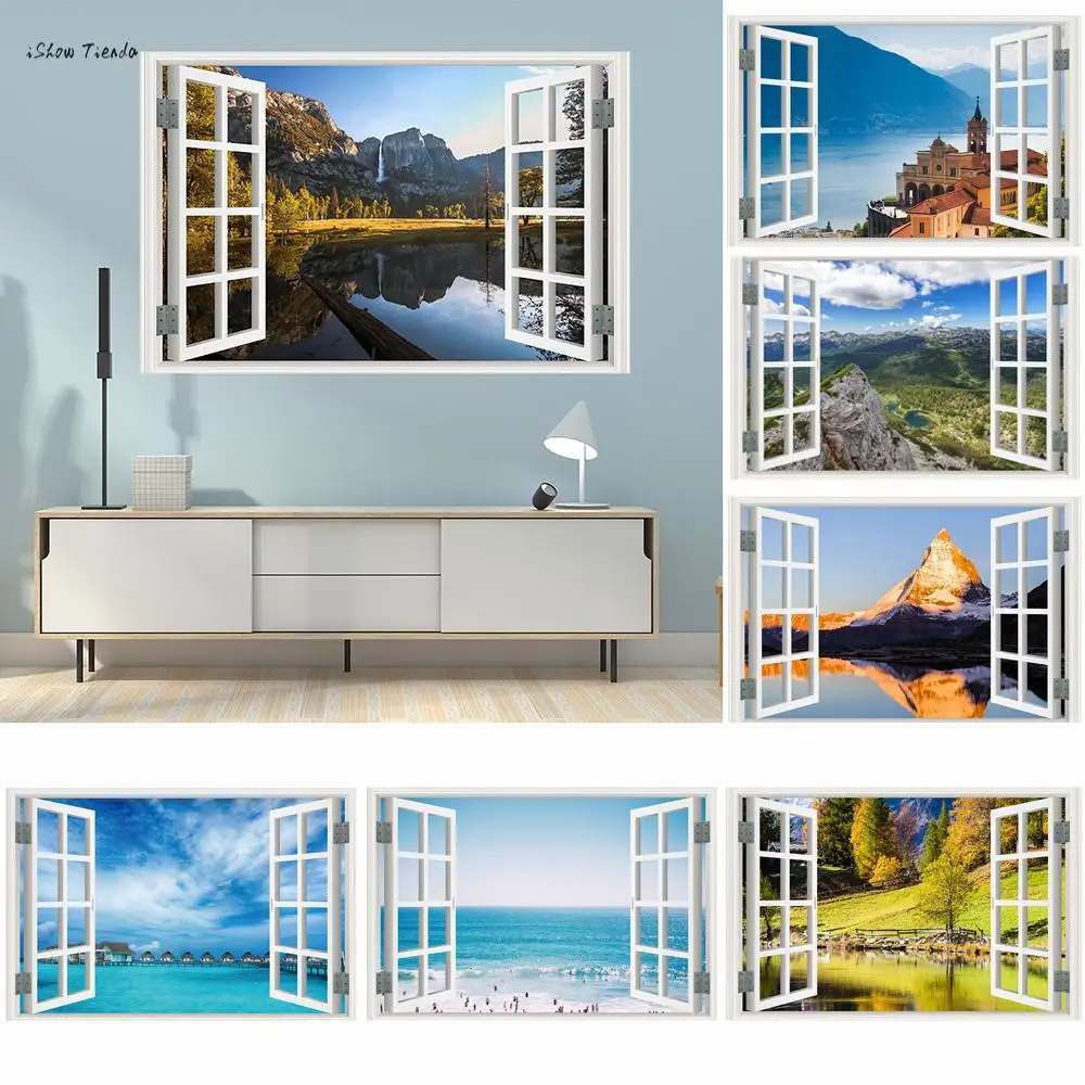 

ISHOWTIENDA Fashion 3D Full Colour High Definition Nature Scenery False Faux Window Frame Wall Decals Wall Stickers Decoration