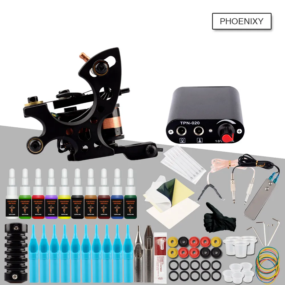 

Starter Tattoo Kit 8 Wrap Coils Tattoo Machines Gun 20 Colors Inks Grips Needles Tips Power Supply Beginner Tatu Tattoo Supplies