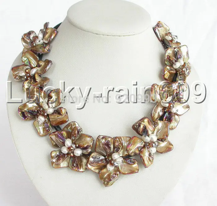 

Wholesale Free P&P****handmade coffee shell flower pearls leather Choker necklace ##a #a
