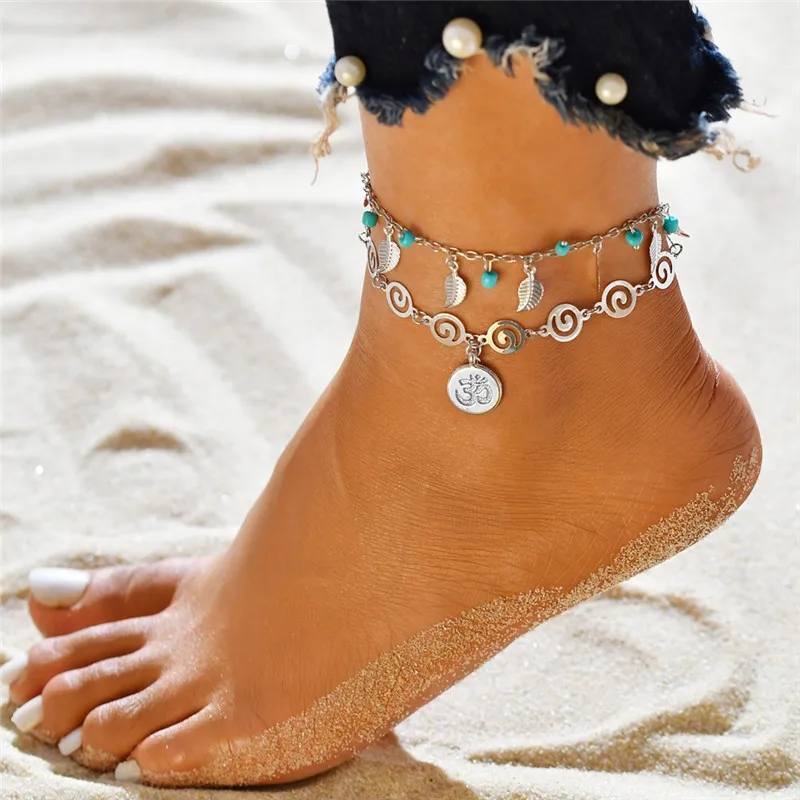 Модные богемные Многослойные ножные браслеты для женщин, винтажный серебристый лист, бусины, узор, подвеска на лодыжке, сексуальные пляжные ювелирные изделия