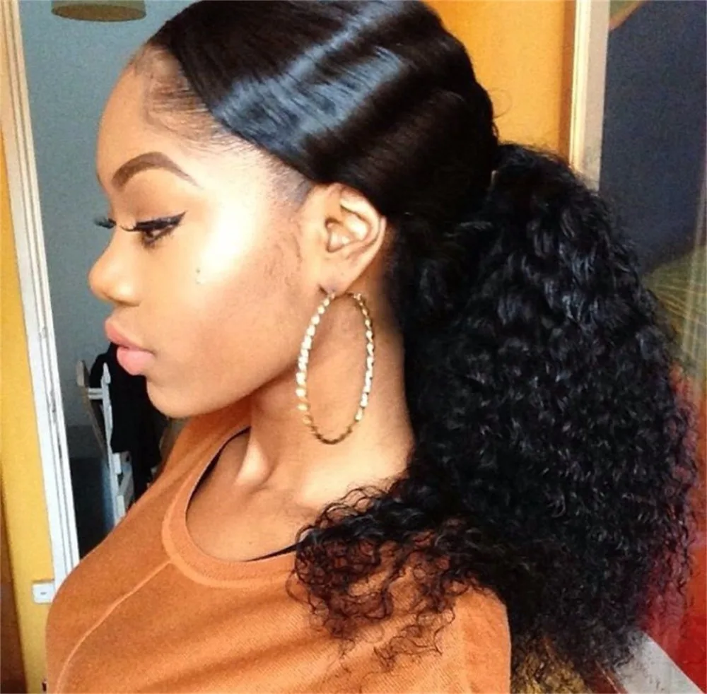 Clip In Black Afro Curly Virgin Brazilian Hair Drawstring Clip In Black Afro Curly Virgin Brazilian Hair Drawstring Ponytail Extensions 120g Or 140g Ponytails From Wigs On