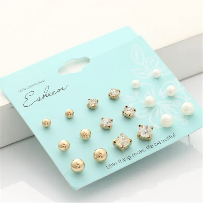 

Chic 9 Pairs/set Simulated Pearl Stud Earrings Trendy Piercing Gold Color Fashion Crystal Earring For Women Bijoux Jewelry