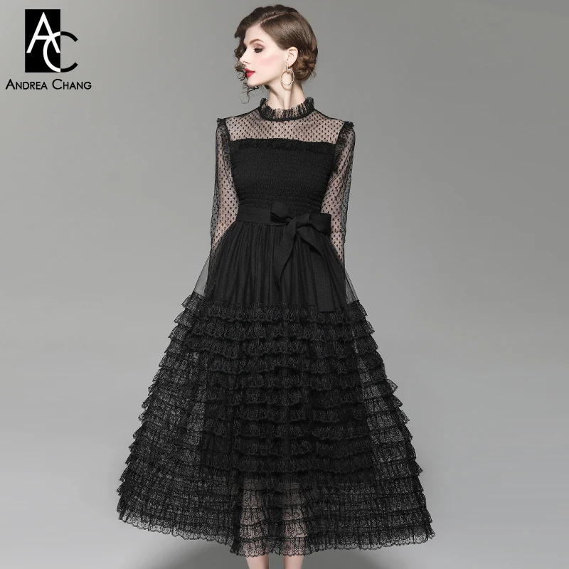 

autumn spring woman dress transparent shoulder sleeve stand collar black dress belt cascading ruffled bottom ankle length dress