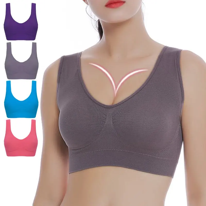 

2019 New Solid One-Piece Bra Women Wire Free Seamless Vest Top Yoga Sports Bra Full Cup Non-Adjusted Straps Large Size