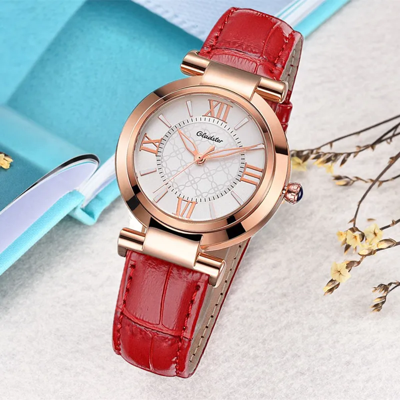 Gladster Ladies Watch Fashion Women Quartz Watches Rose Gold Red Leather Strap Waterproof Luxury