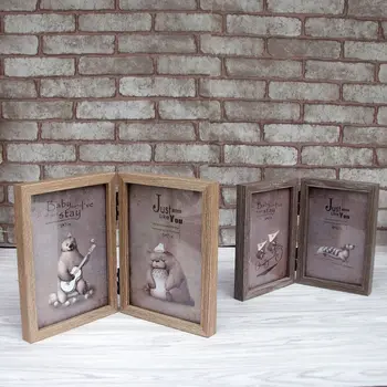 

New Arrival Wooden Photo Frame Double Pattern Box Vintage Retro Wooden Collage Photo Frame Home Accessories