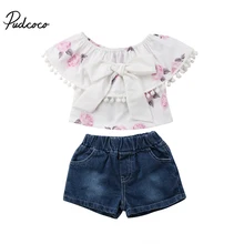 В году, новые брендовые топы с цветочками и кисточками для маленьких девочек, джинсовые шорты и джинсы летние комплекты из 2 предметов, костюмы, пляжный костюм