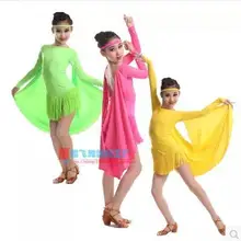 Детский костюм для латино-американских танцев костюмы с длинным рукавом с бахромой детская конкурс латиноамериканских танцев платья S-XXXL 3 вида цвета