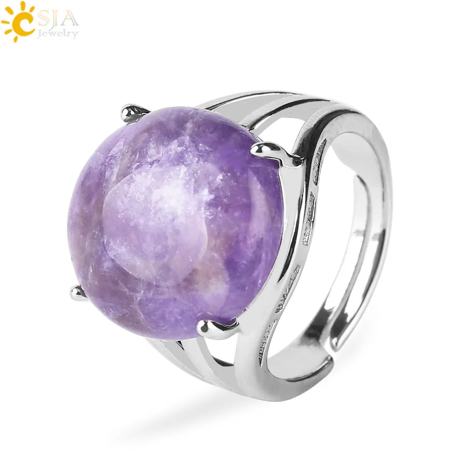 

CSJA Unique Ring for Women Natural Stone Round Beads Casual Finger Rings Purple Crystal Quartz Silver Color Party Jewelry F476