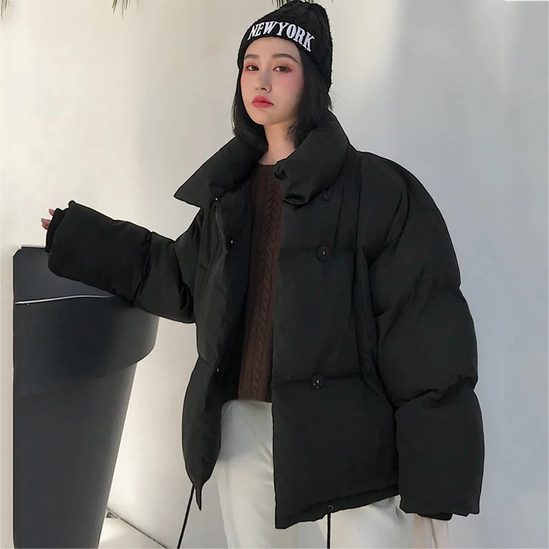 Новое поступление, зимняя женская куртка, корейский стиль, воротник-стойка, пуговицы, Женское пальто, короткая парка, модная - Цвет: Черный