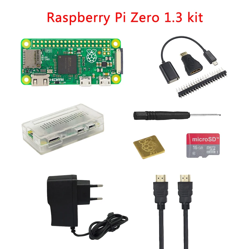 Raspberry Pi Zero 1,3 + корпус ABS + теплоотвод + отвертка + OTG кабель + мини-HDMI адаптер + адаптер питания + 16 г карта + камера + кабель HDMI