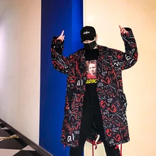 Мужская куртка в стиле хип-хоп, красивая, Длинная ветровка с капюшоном и принтом граффити, Свободное пальто, размер m-xxl