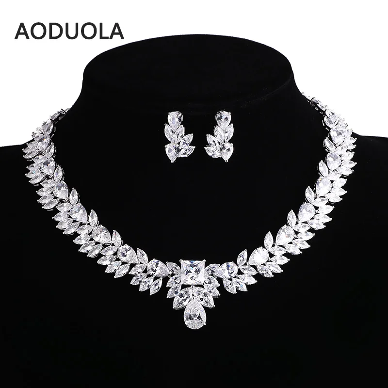 Sliver Plated bride Flower CZ Necklace And Earring Set Wedding Bridal Dress Accessories Jewelry Sets For Women Crystal Party Set