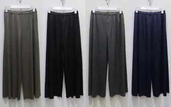 

FREE SHIPPING Miyake Fashion solid full-length pleated wide pants IN STOCK
