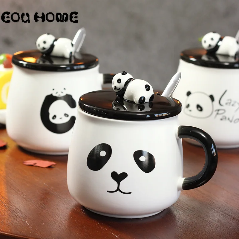 cheap Cartoon Panda Coffee Mug Ceramic Cups and Mugs with Lid and Spoon Student Children Creative Breakfast Milk Fruit Juice Water Cup