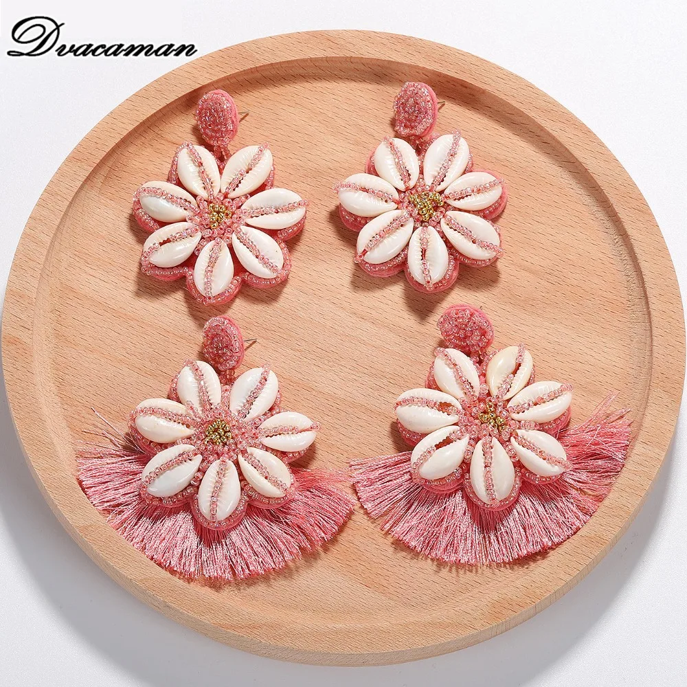 

Dvacaman Boho Weaving Flower Tassel Beads Drop Earrings for Women Fashion Resin Shell Statement Earrings Dangle Wedding Jewelry