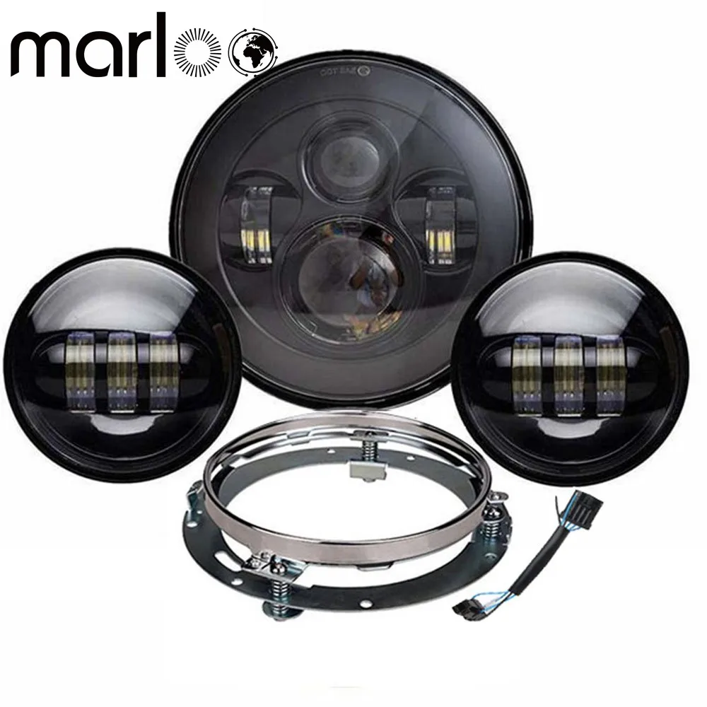 

Marloo Black Harley Daymaker 7 Inch Round LED Headlight with 4.5 inch fog lights with 7" Adapter bracket Ring For Harley Touring