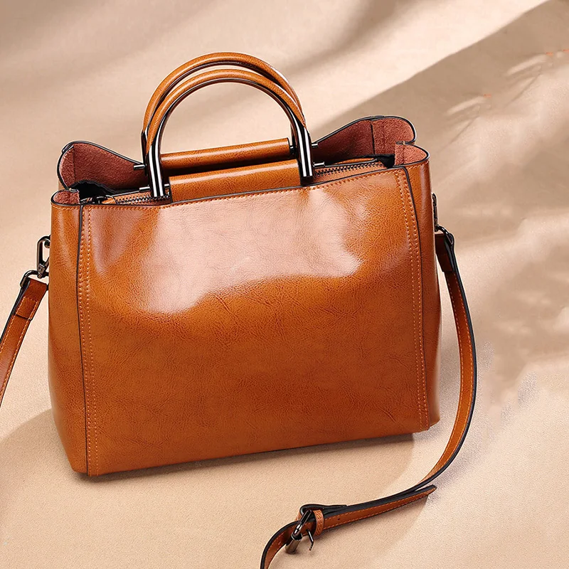 

Fashion Lady Handbag Genuine Leather Oil Wax Split Leather Zipper Top-handle Bag Women Party Shoulder Crossbody Messenger Bags