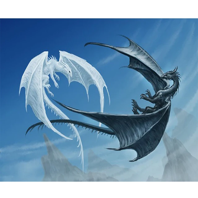 3d white dragon and black dragon fighting image diy diamond