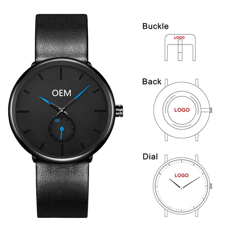 

CL028 Blue Logo Watch Man OEM Custom Logo Genuine Leather Men's Wristwatch Relogio Hombre Business Men Watch Logo Customized