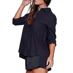 Новая блузка, большие размеры, повседневные однобортные топы с длинными рукавами и отворотами, рубашки с принтом сзади, Женский Топ