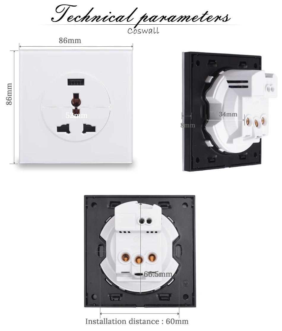 Coswall Хрустальная стеклянная панель 13A настенная розетка Универсальная 3 отверстия Великобритания ЕС розетка с USB портом быстрой зарядки DC 5 В 2A R11 серия