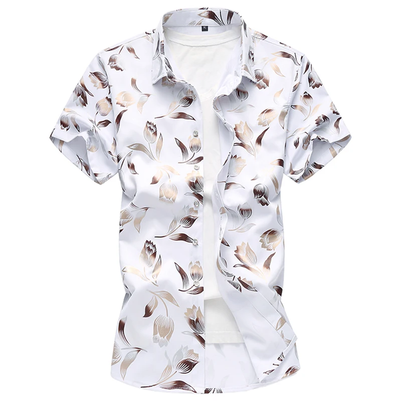 Новые Брендовые мужские рубашки с коротким рукавом Гавайские повседневные рубашки с цветочным принтом для мужчин Slim Fit плюс размер M-7XL модный принт Летний стиль - Цвет: Белый