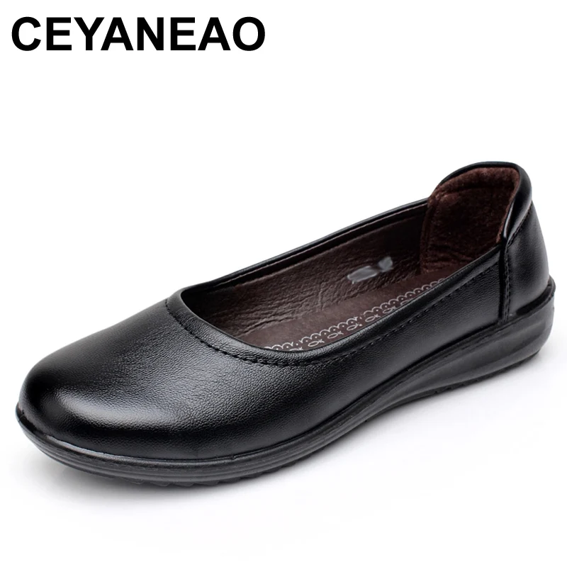 CEYANEAO 2019 Mother's Shoes Comfort Woman Black For Work OL Lady Non-slip Flat Women's Leather Shoes Soft And Light Size E1556
