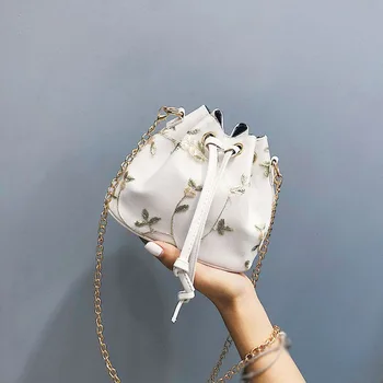 

Simple Drawstring Bucket Bags 2019 New Fashion Leather Lace Embroidered Chain Messenger Bag leather bucket shoulder bag cute A1