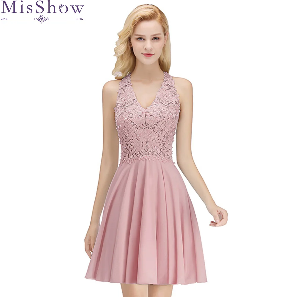 Misshow коктейльные платья пыльно-розовое шифоновое короткое вечернее платье сексуальное платье без рукавов с v-образным вырезом