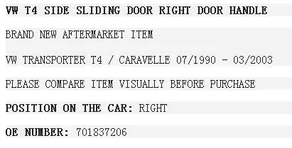 Дверная ручка передняя правая наружная для VW t4 Transporter Автобус коробка платформа/шасси 701837206
