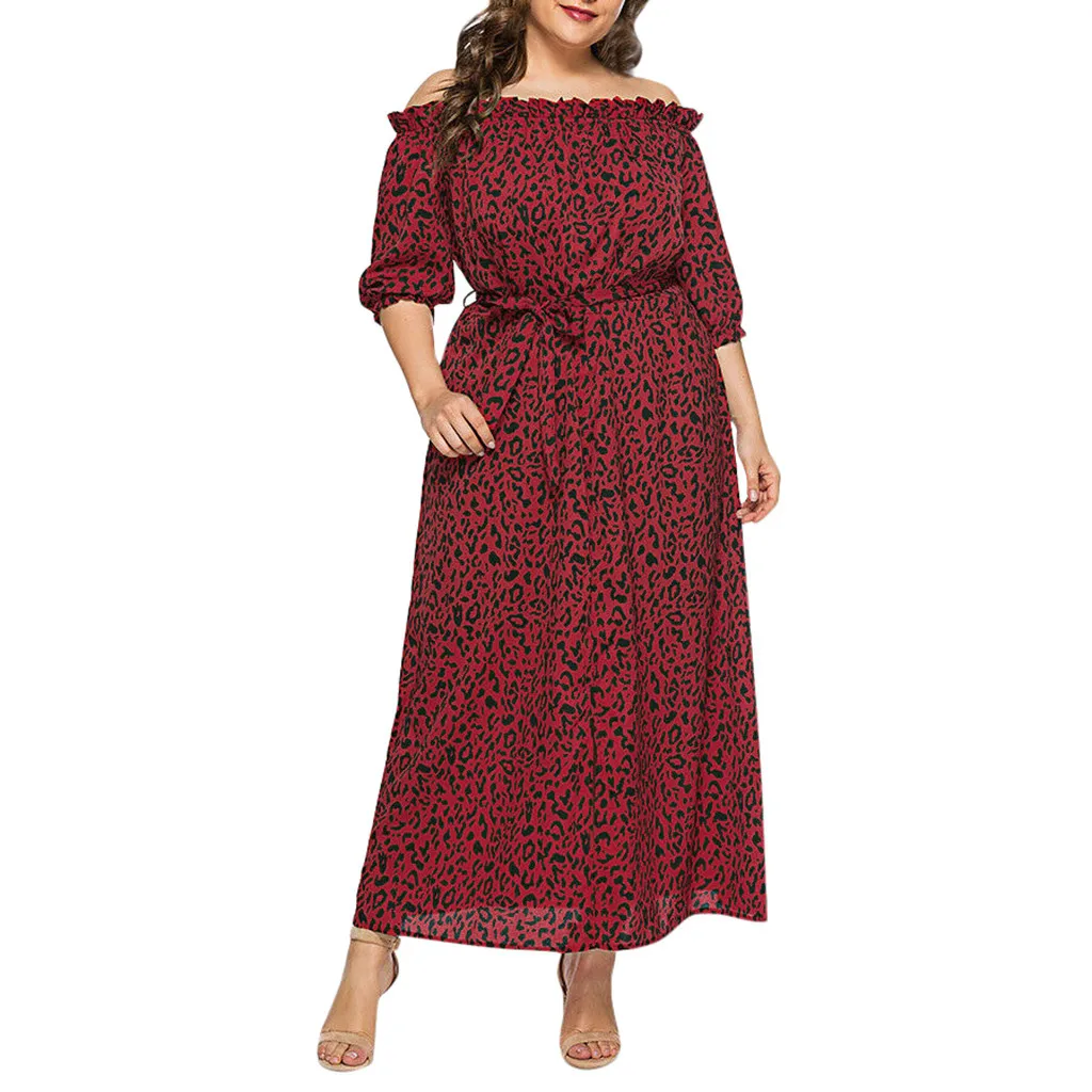 

Large Size Leopard Print one-shoulder Sleeves Strap Dress Strapless Slit Elegant Loose Dress Women Bohe Casual Dresses Summer