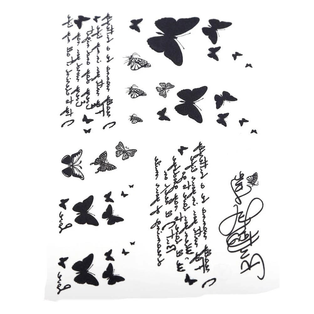 14.5*9.5cm Body Art Disposable Unique Skin Tags Black Butterfly & Letter Transfer Tattoo Temporary Waterproof Tattoos Stickers