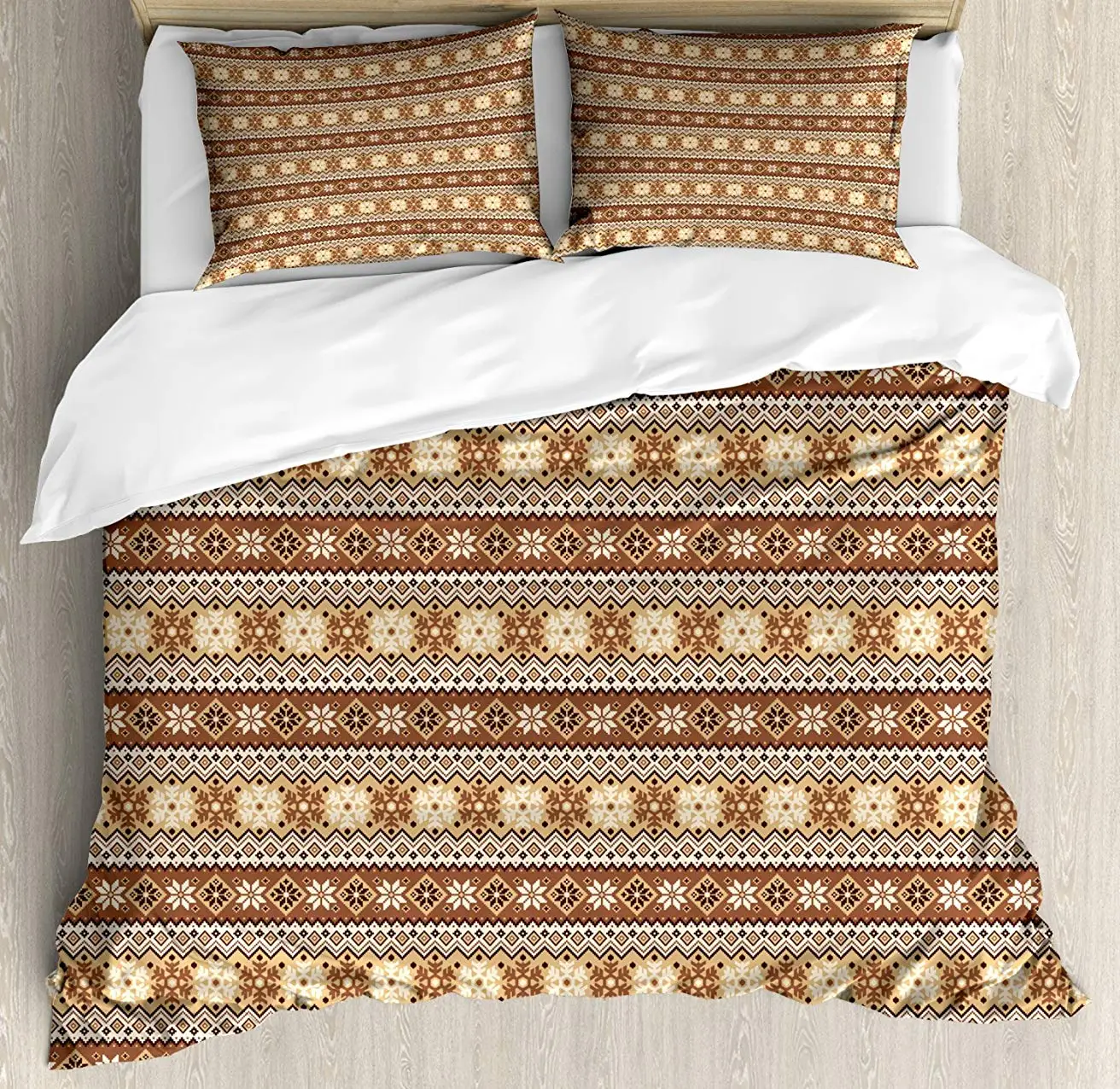 

Nordic Queen Size Duvet Cover Set, Northern Style Traditional Pattern with Scandinavian Vintage Art 3 Piece Bedding Set