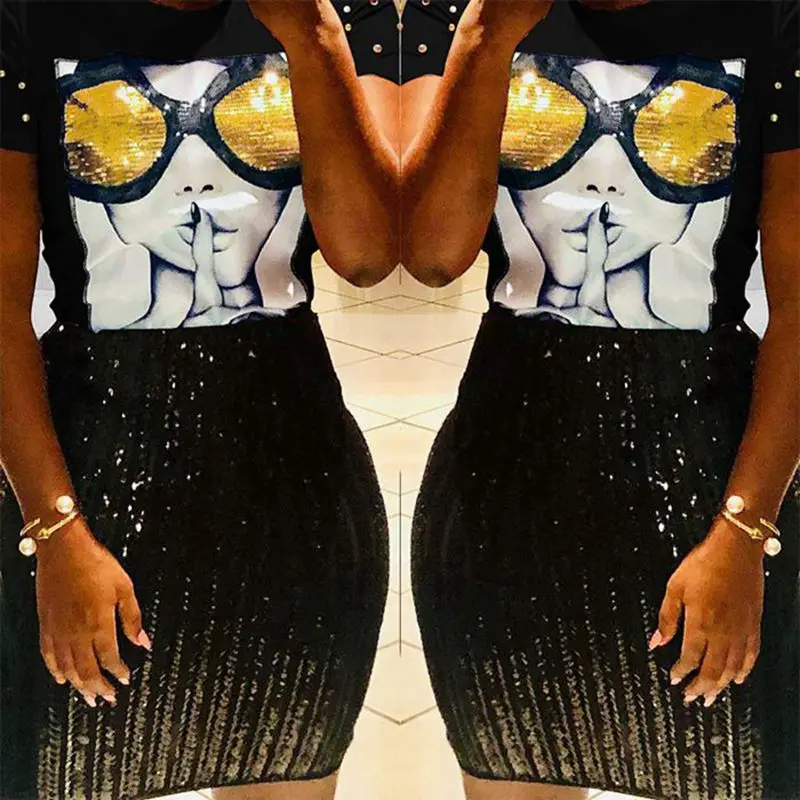 

2019 Spring Sexy Sequined Print T-Shirts Women Short Sleeve Round neck Pearls T-Shirts Fashion Elegant Party T-Shirts Women Tops