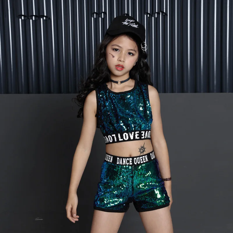 Kid Cool Green Sequin Hip Hop Clothing Hoodie Jacket Tank Crop Top Shorts for Girls Jazz Dance Costume Clothes Dancing Wear