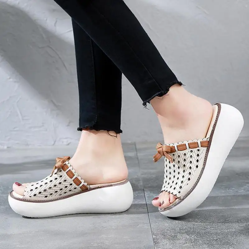 

Women Leather Slippers 5 Cm High Heels Wedge Shoes Summer Hollow Out Slippers Beach Sweet Shoes Handmade Leather Women Slippers