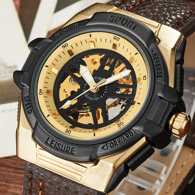 New Fashion Top Brand Mechanical Watches Male Fashion Skeleton Dial Automatic Mechanical Watch Leather Wristwatches Reloj
