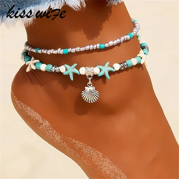KISSWIFE Vintage Shell Beads Anklets For Women New Multi Layer Anklet Leg Bracelet Bohemian Beach Ankle Chain Jewelry Gift
