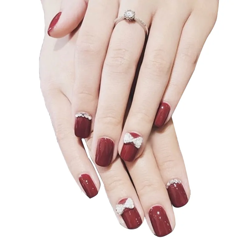 

24pcs New Exquisite Rhinestones Bowknot Decor Wine Red Artificial False Nail Tips Short Square DIY Fake Nails Girl With Glue