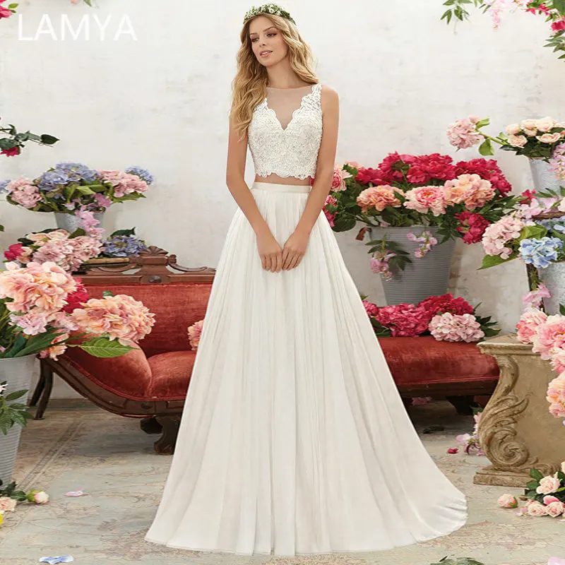 

LAMYA Boho White Chiffon Wedding Dress Elegant Lace Appliques A Line Beach Bride Gown Two Pieces Beading Wedding Dresses