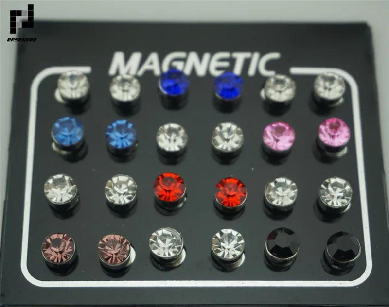 

BASEHOME 24pcs/lot 3/4/5/6/7mm Round Crystal Rhinestone Magnet Stud Earring Puck Womens Mens Magnetic Fake Ear Plug Jewelry