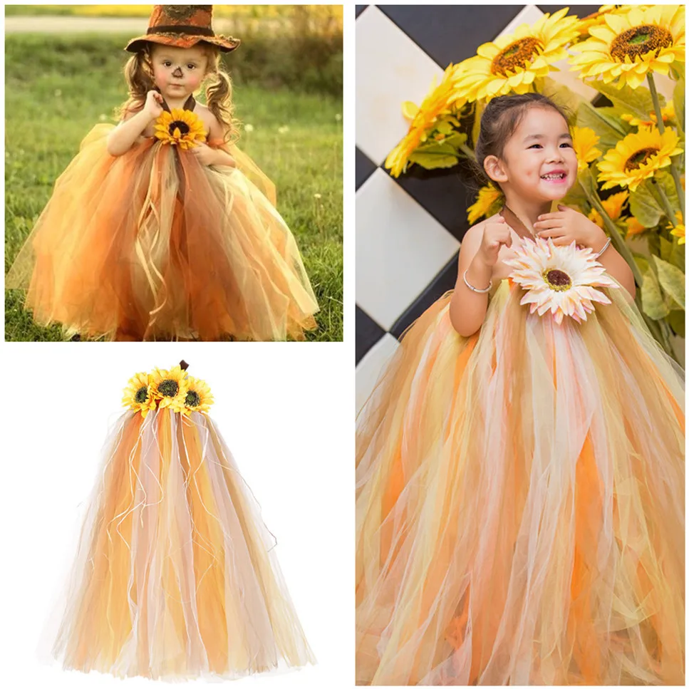 Halloween Scarecrow Costume for Girls Sunflower Dress Ankle Length Pumpkin Thanksgiving Carnival Tutu Dress Ball Gowns Children (13)
