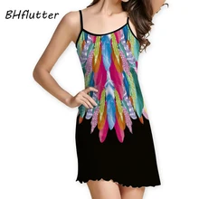 BHflutter As Mulheres Se Vestem Nova Moda 2018 Spaghetti Strap Mini Sexy Vestido De Penas De Impressão Preto Vestido Ocasional Do Vintage Vestidos de Verão