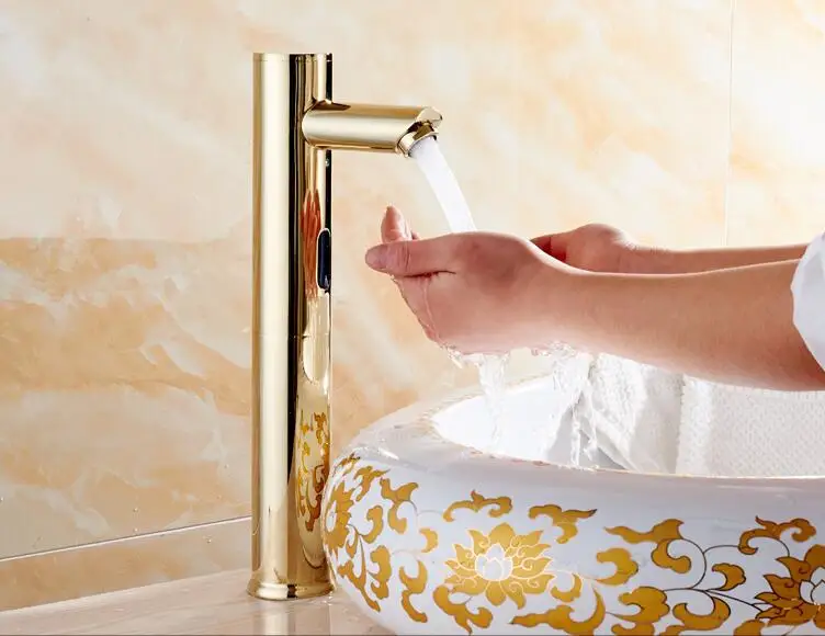 Латунный Смеситель для раковины для ванной комнаты, автоматический смеситель для сенсорного датчика, золотой кран, один холодный