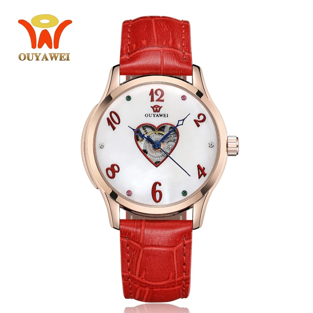 Новые оригинальные модные повседневные женские часы OUYAWEI, кожаные механические часы с ремешком, часы со скелетом, золотые, красные женские наручные часы, Relogios