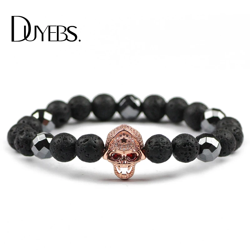 

DUYEBS Natural Stone Black Mens Bracelets Charms Copper Skull 10mm Lava Beads Zircon Male Bracelet&Bangle Fashion Jewelry Gift
