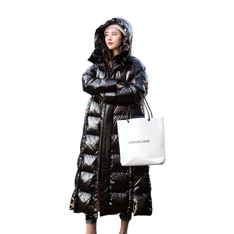 Глянцевый Зимний пуховик для женщин, Длинные парки с капюшоном, модные плотные теплые стеганые пальто для женщин размера плюс, свободная пуховая куртка