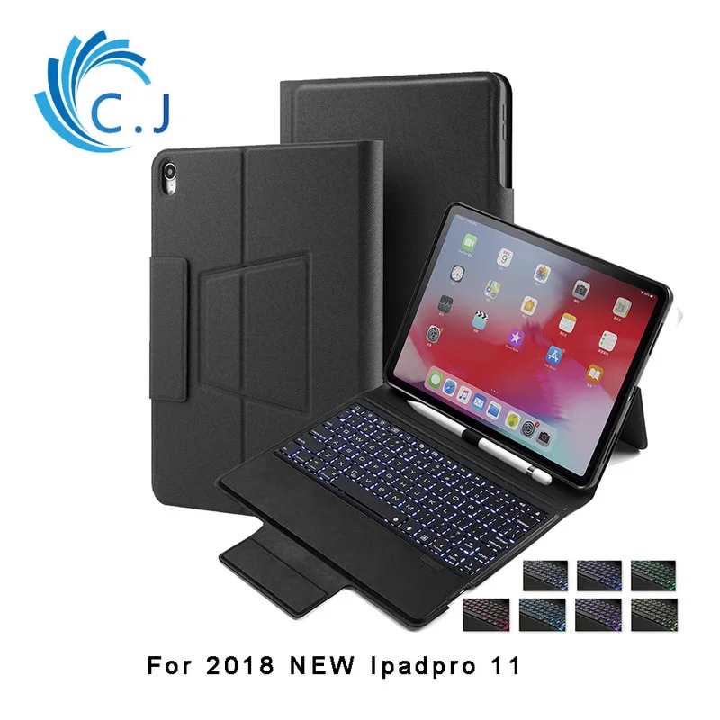 

Bluetooth Wireless Keyboard Case Cover for 2018 New IPad Pro 11" with 7 Color Backlit and Pencil Holder with Auto Sleep/Wake