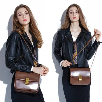 

YUFANG Daily Shopping Messenger Bags Women Oil Wax Genuine Leather Shoulder Bag Female Lock Style Party Package Crossbody Bag